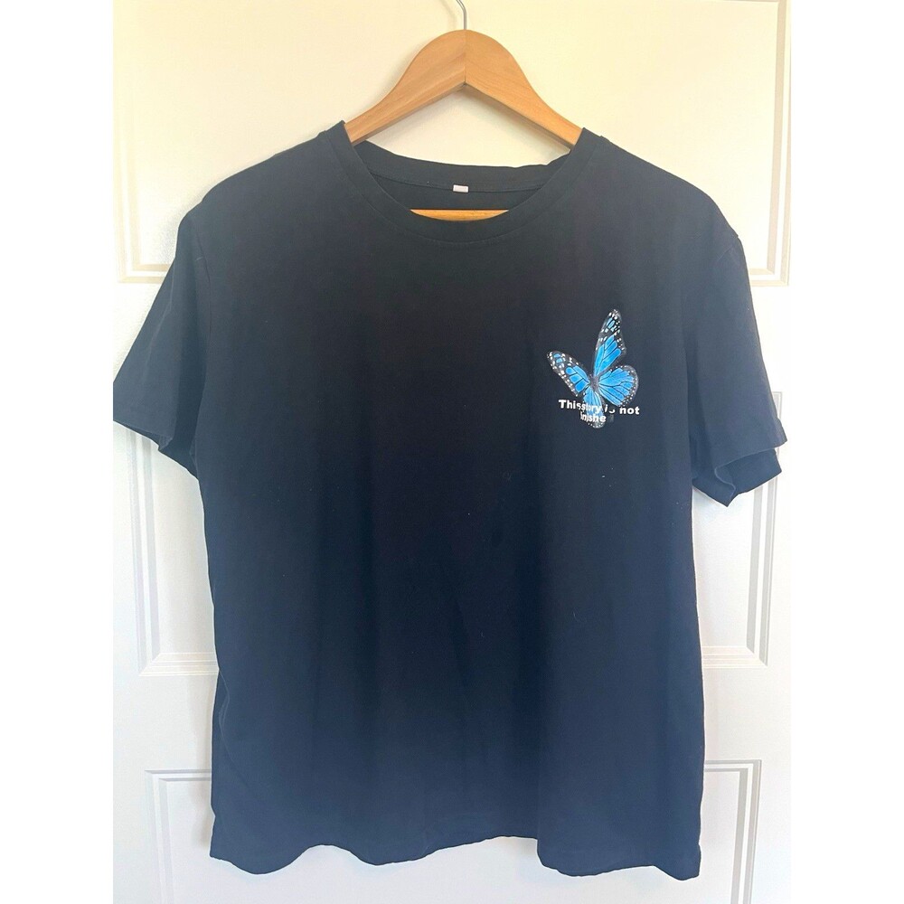 Blue Butterfly Graphic Front Back Print Crew Neck Short Sleeve Black T-Shirt XL
